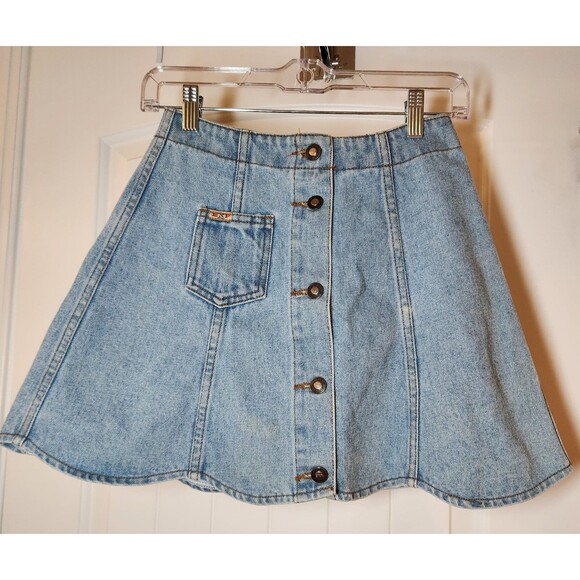 EXP BY EXPRESS Vintage Denim A-Line Button Front Light Wash Mini Skirt Jnrs 1/2 - Picture 1 of 6